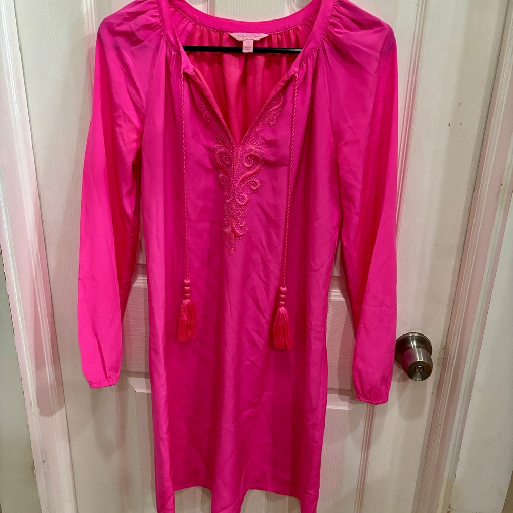 Lilly Pulitzer Hot Pink Embroidered Tassel Shift Dress Small Long Sleeve Mini
